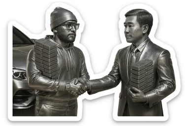 Make the watch chrome, the glasses chrome, and the suit of the Asian man chrome. Also, make the car more visible and chrome as well. Keep the people realistic and visible, with a transparent background and all other details the same. sticker