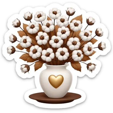 a bouquet of cotton flowers with brown dried petals, in a white ribbed vase on a white tray. next to it is a figurine in the form of a white heart, with sparkles sticker