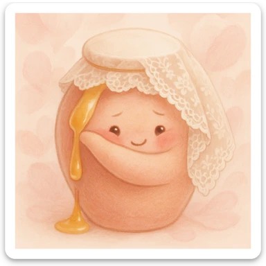 bashful honeypot with rosy cheeks, delicate lace veil, tiny smile, hiding behind its arm, honey softly dripping, blush pink color palette, soft petals background sticker