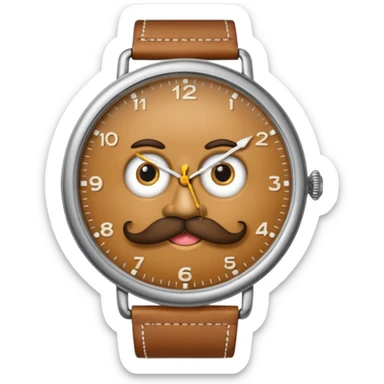 a watch person, a wrist watch with a face (eyes and mouth) in it and the clock hand are positioned to look like a moustache sticker