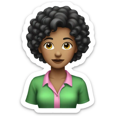 Female young lady with black curly hair in pink and green shirt sticker