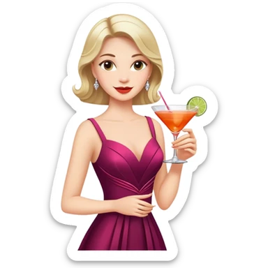 a woman in a luxurious dress with a slight smile. She is enjoying life while holding a cocktail. sticker