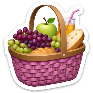 Food Basket, Pink basket, plaid lining, with both food, drink and fruits sticker