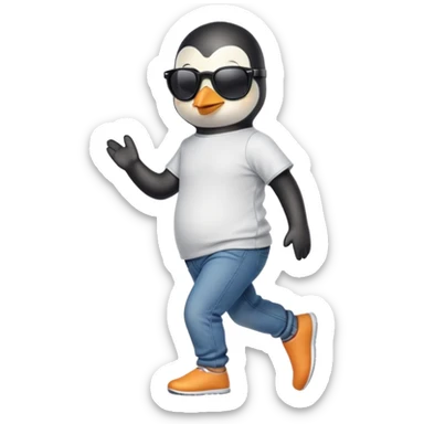 friendly anthropomorphised penguin in jeans and a t-shirt, wearing dark sunglasses, jogging upright, standard pose sticker