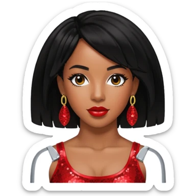 Kelly Rowland with black hair, red sequin crop top, red earring sticker