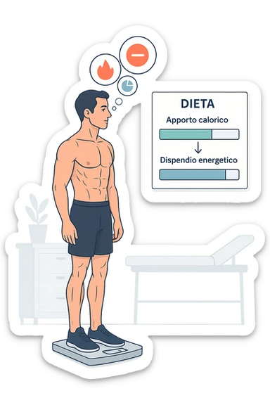 a man stands on a digital scale, looking at a nutrition chart that shows his daily calorie intake is lower than his energy expenditure. Floating icons above his head display a negative calorie balance, and his body appears slightly leaner, with visible muscle definition. The background is a modern clinic, emphasizing the concept of caloric deficit. scritto in italiano sticker