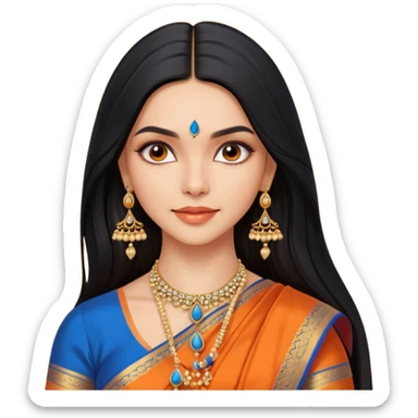 generate a pretty bratz Deepika Padukone with long black hair middle parted.
Wearing an orange saree with a blue blouse, golden jhumkas
 sticker