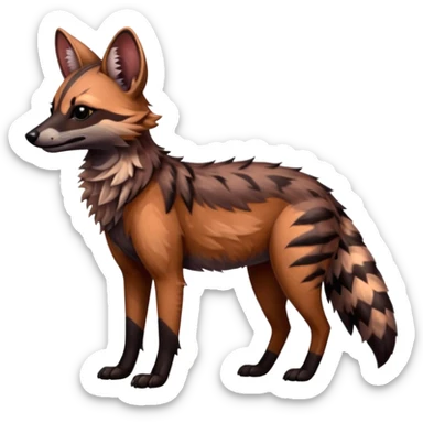 Realistic edgy reddish brownish silvery coppery Shiny Colorful Dusky Dark Gloomy Glossy Aardwolf-Maned-Wolf-Genet-Bobcat-fusion-animal-hybrid-creature, full body sticker