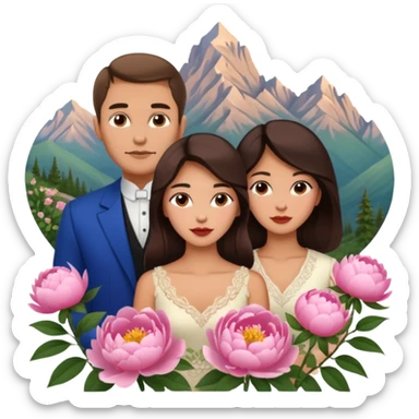 Couple traveling in Montenegro russian man and elegant  Latina girl delicate peonies and mountains in the background  sticker