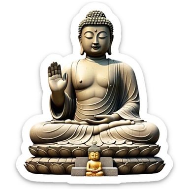 Cinematic Realistic image of the Big Buddha Monument of Sinheungsa Temple, portrayed as a towering, serene Buddha statue carved from weathered stone with intricate details and a gentle meditative expression, set within an ancient temple landscape enveloped in soft, ethereal lighting that underscores its spiritual majesty. sticker