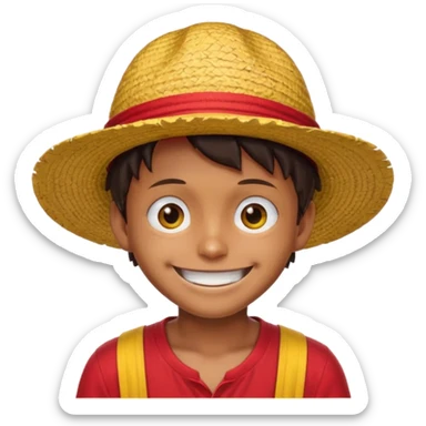 Luffy with a big smile and red shirt with yellow and red straw hat sticker