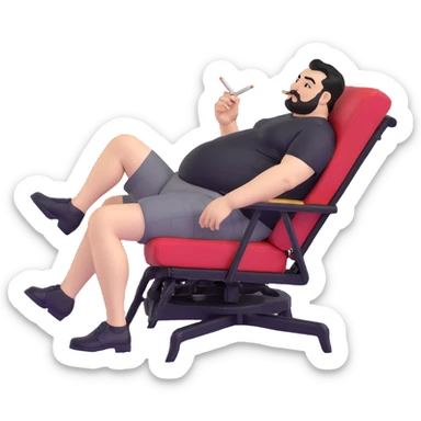 Large man reclining in chair, legs spread, smoking a cigarette, round face, very short black hair, well-groomed beard with mustache, light skin, black t-shirt with light stripes at top riding up to show belly, black shorts, arms covered in black graphic tattoo patterns with designs visible on forearms and shoulders sticker
