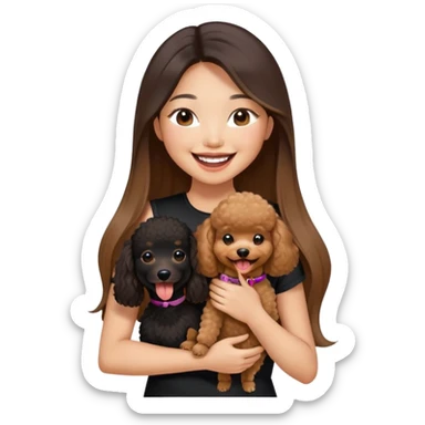 a asian girl with long straight balayage hair, long lashes, laughing, wearing black halterneck top, and holding a brown poodle sticker