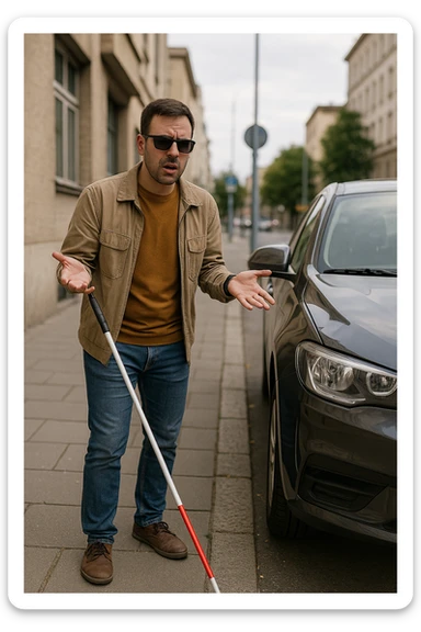 A visually impaired person using a white cane, stopped by a car parked on the sidewalk, showing frustration or confusion. sticker