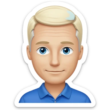 Avatar pic male 35 years old gray hair blue eyes clean shaven blonde eyebrows high cheekbones sly smile long eyelashes wearing a black golf shirt sticker