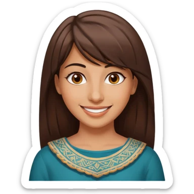 30 yr old middle eastern woman straight brown hair side bangs big smile tanned skin brown eyes sticker