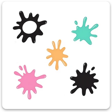 Colorful paint splatters, drips, and splashes in various shapes. Using specific pastel colors (dd9fb0, ffc6d3, a3bfc9, c4bee2, f1b091). Hand-drawn doodle style with playful, artistic splatter patterns. Transparent background. sticker