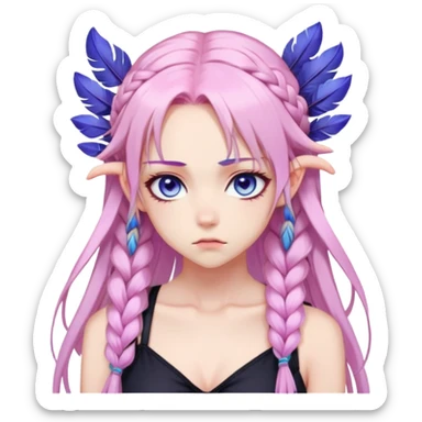 Gorgeous beautiful pretty anime lady long-pale-pastel-pink-hair with one braid on each side, grumpy expression, purple-pink feather-ear-cuffs in hair, black bodysuit, blue eyes, pink iris, ethereal, fashion aesthetic  sticker