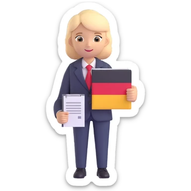person in business attire holding an official document, with German flag colors, for a citizenship app icon, 3D style sticker