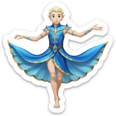 elf male dancer with water-like dress, graceful pose on wet sand, splashes, pointy ears, serene expression, centered emoji, ethereal blue colors sticker