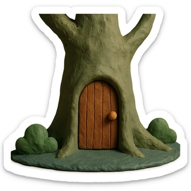wooden door embedded in a tree, secret forest hideout vibe, claymation style sticker