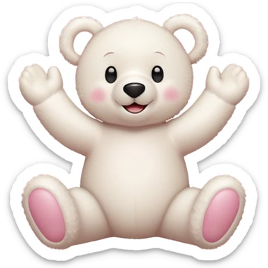 Osito blanco tierno, fondo rosa, guiñando un ojo y sonriendo con brazos levantados. sticker