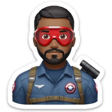sam wilson have a short, neatly cropped black hair. It is evenly trimmed and close to the scalp, maintaining a clean and military-inspired and  a well-groomed beard that connects to his mustache,  wear sleek, red-tinted tactical goggles fit snugly from captain america: civil war sticker