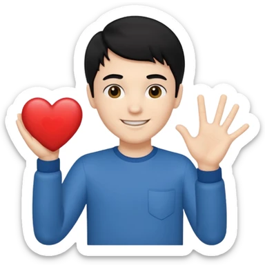 White boy with black hair holding up heart hand signal sticker
