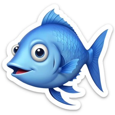 ridiculously derpy blue fish with crossed eye and silly underbite, perfect flat side profile facing right, exactly 90 degrees, completely 2D like a paper cutout, only one eye visible, absolute side view sticker