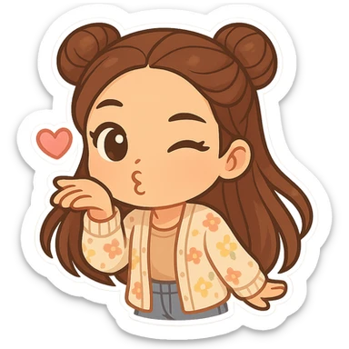 Create a chibi sticker of the girl from the reference image, blowing a kiss and winking. She has brown straight hair styled in double buns, brown eyes, wearing a pastel floral cardigan and jeans. The sticker should have a white outline and a transparent background, sized 512x512px. sticker