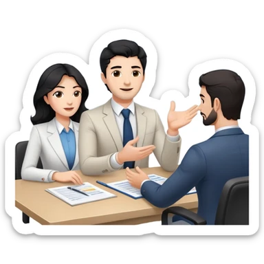 Professional 35-year-old business consultant with black wavy hair, stubble, strong jawline, white skin tone, wearing smart casual business attire, sitting at a table with clients, gesturing confidently while explaining a business strategy sticker