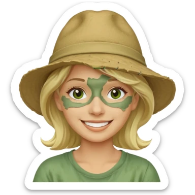 messy green clay mask and tourist hat blond woman  smiling and clay mask on full face sticker
