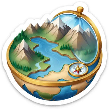 An icon featuring a globe, a compass, and a topographic map, symbolizing geography. The design includes mountain ranges, rivers, and a magnifying glass, representing the study of Earth's landscapes, features, and spatial relationships. Transparent background highlights geographic exploration. sticker