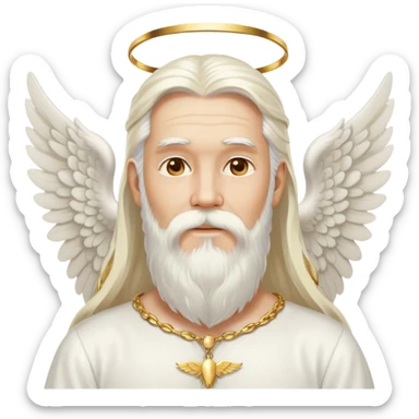 God, man with long white hair, beard and white mustache, white angel wings on his back, gold earrings hanging from ears sticker