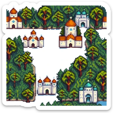 cityscape of Nalchik with iconic buildings and trees in pixel art style sticker
