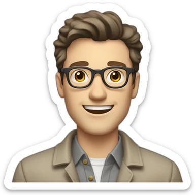 Joyful Pale skinned Fit Man With dark brown hair in gray jacket, beige office shirt, Brown pants and vintage glasses. His thrumbs up sticker