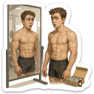 young inexperienced bodybuilder in gym in front of mirror, surprised and doubtful expression, open box of anabolic steroids in background, atmosphere of curiosity and uncertainty, realistic details, isolated on white background sticker