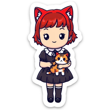 Girl with black and red-tipped hair in black Lolita dress with tabby cat sticker