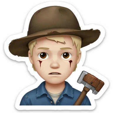 13 y/o Brian robeson at the beginning of Hatchet
distressed, has hatchet, bruised sticker