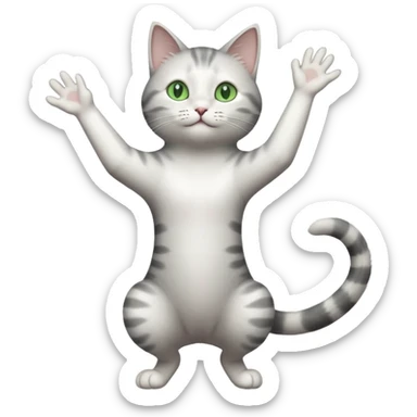 grey and white cat with green eyes doing a big long stretch reaching up into the air with arms and legs side by side together sticker
