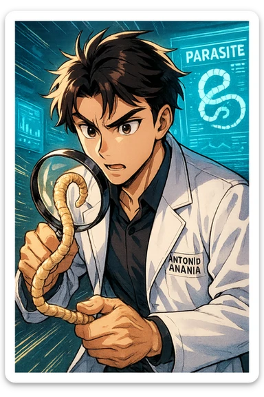 A dynamic manga/webtoon-style illustration of a young male kinesiologist wearing a clean white lab coat, analyzing light beige worms like a tapeworm under a magnifying glass. His expression is focused and slightly intrigued, with sharp, detailed eyes. The art style is vibrant, with bold linework, rich colors, and dramatic lighting. The background is a futuristic laboratory with glowing holographic screens displaying parasite data. The tapeworm is intricately drawn, slimy and segmented, with a slightly exaggerated yet realistic texture. The composition is dynamic, with motion lines or energy effects to emphasize his scientific investigation. The atmosphere is intense but not dark, keeping a balance between scientific seriousness and stylish manga aesthetics, he has "ANTONIO ANANIA" WRITTEN ON WHITE LAB COAT sticker