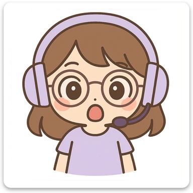 Edit the image to depict a female brunette with glasses and a purple gaming headset in chibi style, with a surprised facial expression. Keep the background transparent. sticker