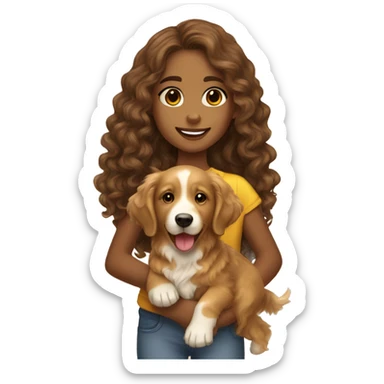 Tan skinned girl with  long brown curly hair with a golden retriever puppy sticker