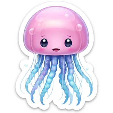 Cinematic floating kawaii jellyfish, tiny round body, soft glowing tentacles, pastel pink and blue hues, delicate sparkling highlights, dreamy and adorable. sticker