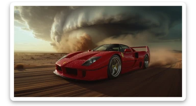 Cinematic still of a ferrari f40 around tornado od arizona desert, sun flare, captured by gopro hero with effect fisheye, water drops on car body, detailed, inspired by interstellar look, captured by a arri alexa, inspired by Wes Anderson sticker