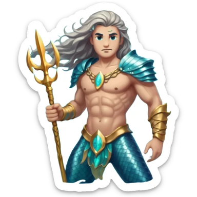 portrait of a muscular merman warrior with dark aqua scales, silver armor pieces on shoulders and arms, holding a glowing trident, stern expression, long flowing hair, underwater battle stance sticker