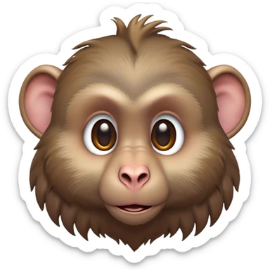 Cinematic Cute Baboon Portrait Emoji, Head tilted playfully and inquisitively, featuring a vibrant Fur of earthy browns with expressive, round, sparkling eyes filled with curiosity, Simplified yet irresistibly adorable features, highly detailed, glowing with a warm, friendly glow, high shine, affectionate and spirited, stylized with a touch of urban whimsy, bright and endearing, soft glowing outline, capturing the essence of a mischievous yet loving baboon, so playful it feels like it could leap out of the screen and into your arms! sticker
