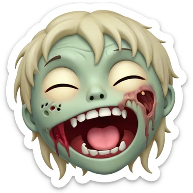 Cinematic Cute Yawning Zombie Portrait Emoji, with a delightfully quirky, slightly disheveled face in muted ashen tones, head tilted back in a big, funny yawn that reveals quirky stitches and playful gaps, simplified yet irresistibly charming, highly detailed with a soft, eerie glowing outline capturing the sleepy, offbeat vibe of a zombie taking a nap! sticker
