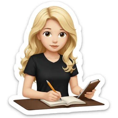 A beautiful blonde with long wavy hair in a black T-shirt sits and writes in a diary with a brown pen. sticker
