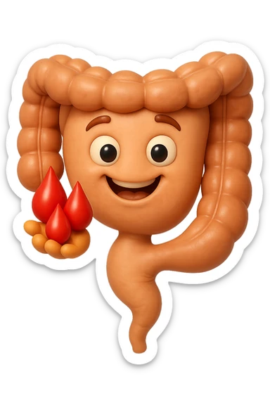 emoji stile iphone 3d di stomaco e intestino collegati verticalmente con 3 gocce di sangue 3d in mano, iperrealistiche 4k sticker